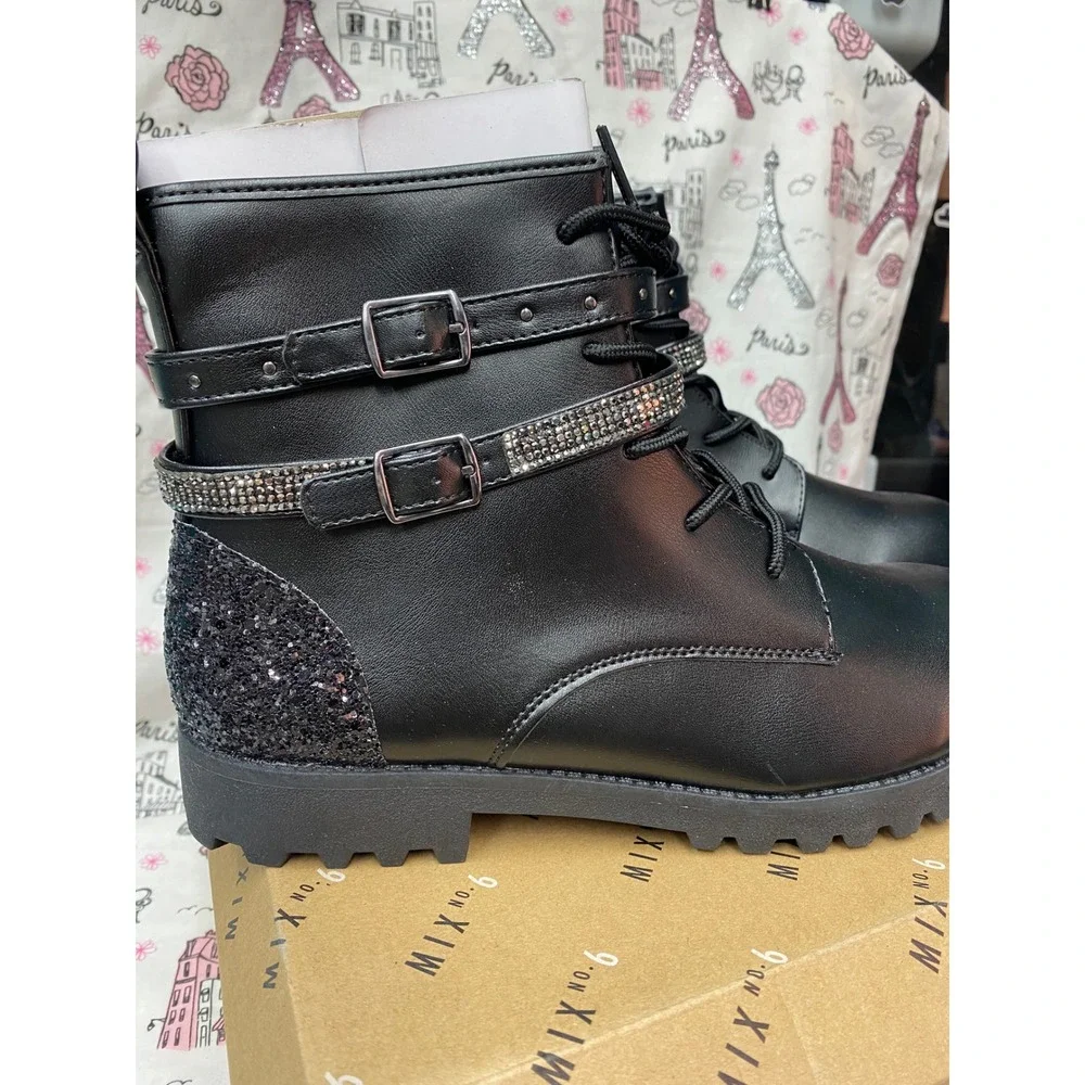 Mix No. 6 Carly Kids Black Glitter Rhinestone Buckle Combat Boots Size 6M New